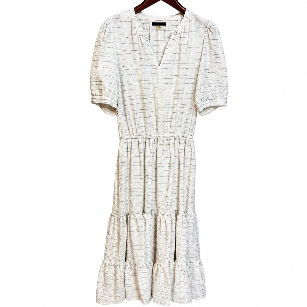 Tommy Hilfiger White Rainbow Stripe Seersucker Tiered Midi Dress Womens 8